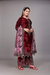Maroon Velvet Embroidered Plazo Suit