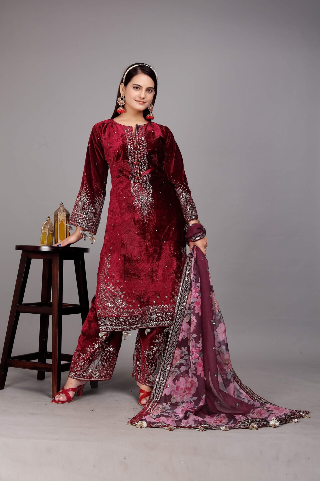Maroon Velvet Embroidered Plazo Suit