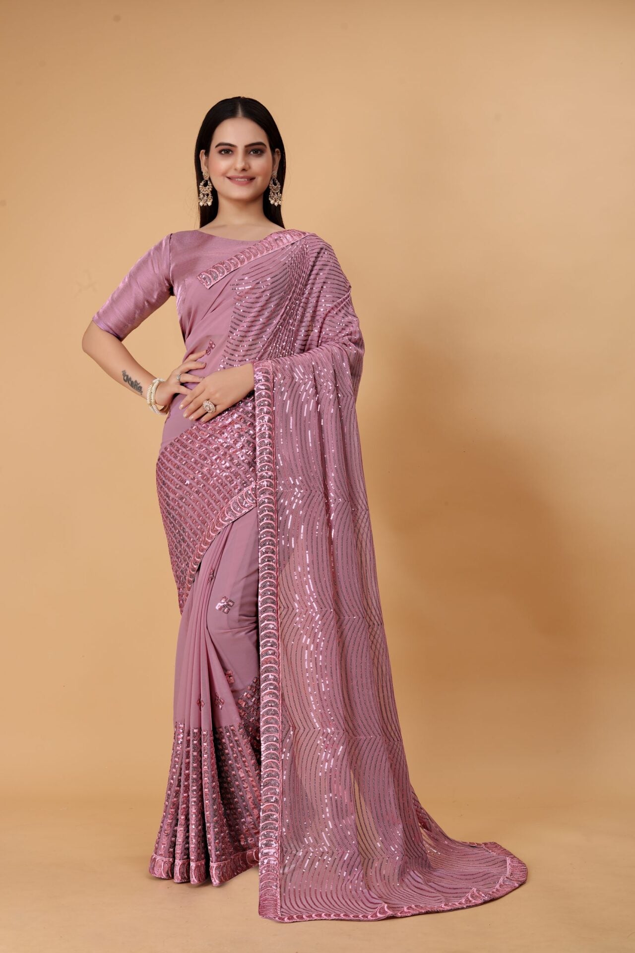 Pink Georgette Sequin Saree Women