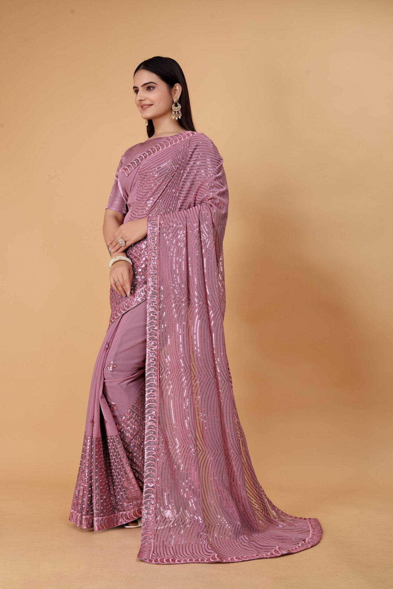 Pink Georgette Sequin Saree Women