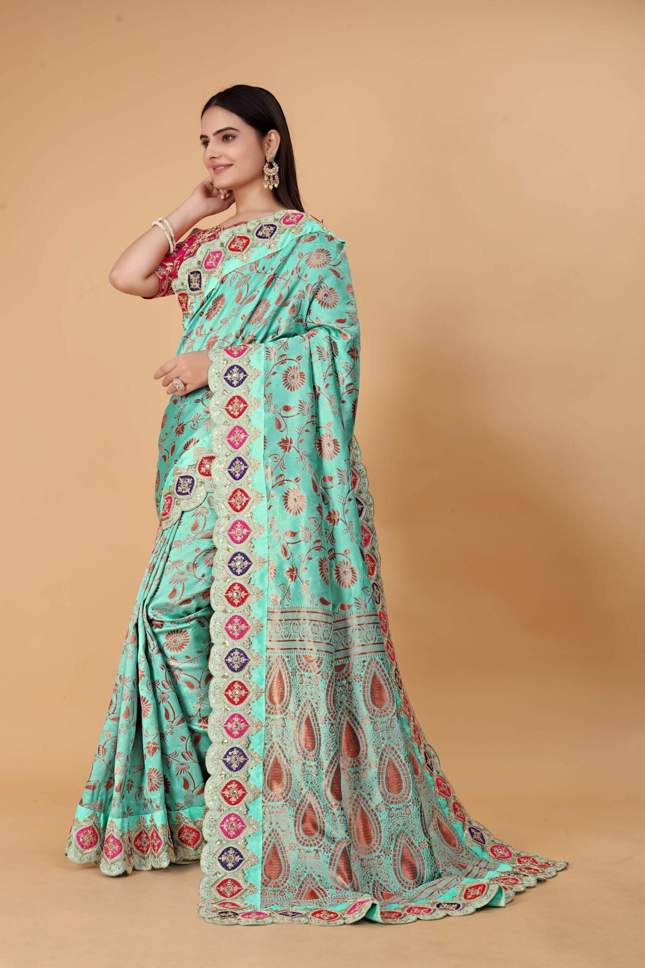 Pink Blue Party Wear Saree