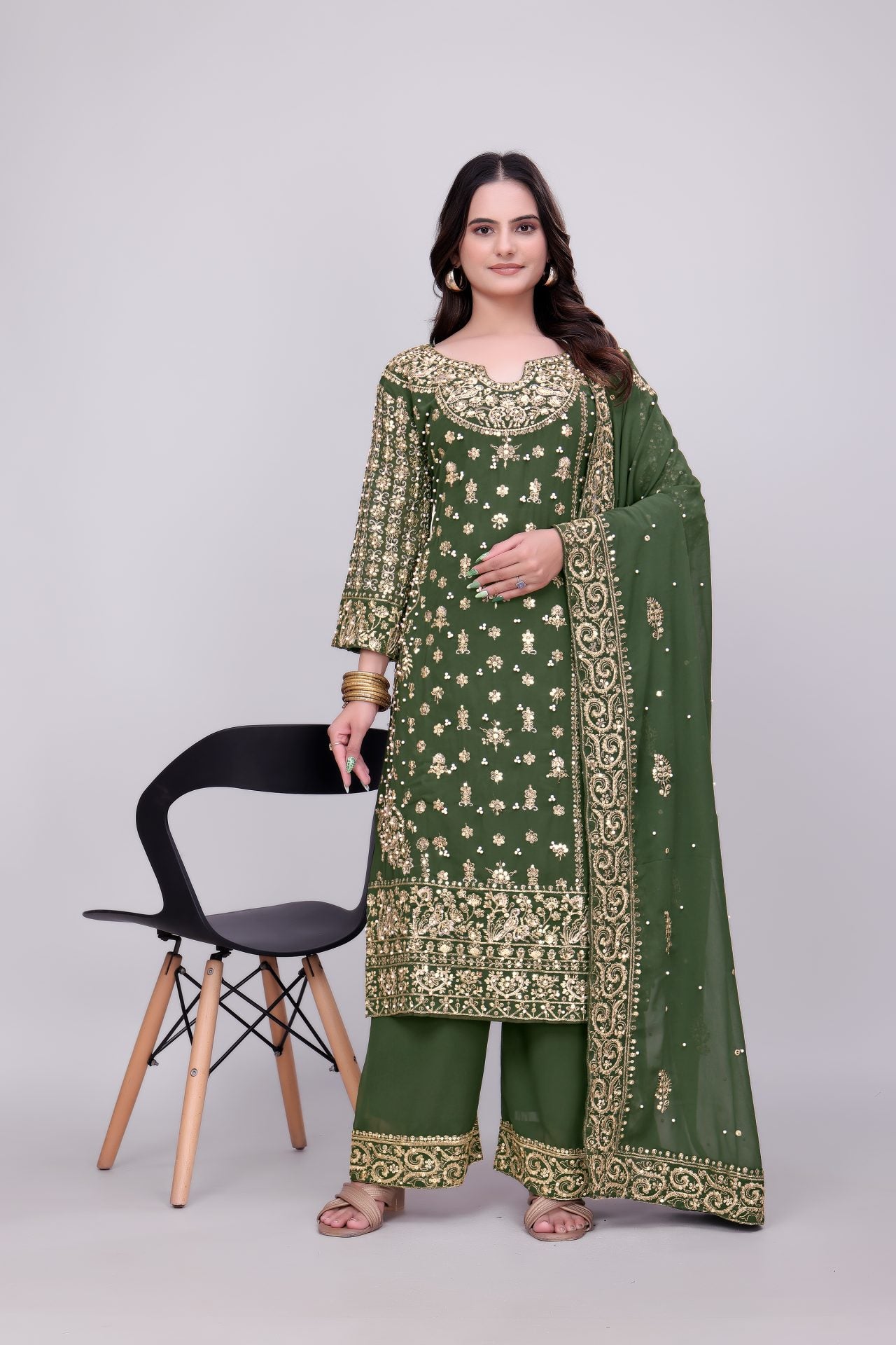 Green Heavy Embroidered Palazo Suit
