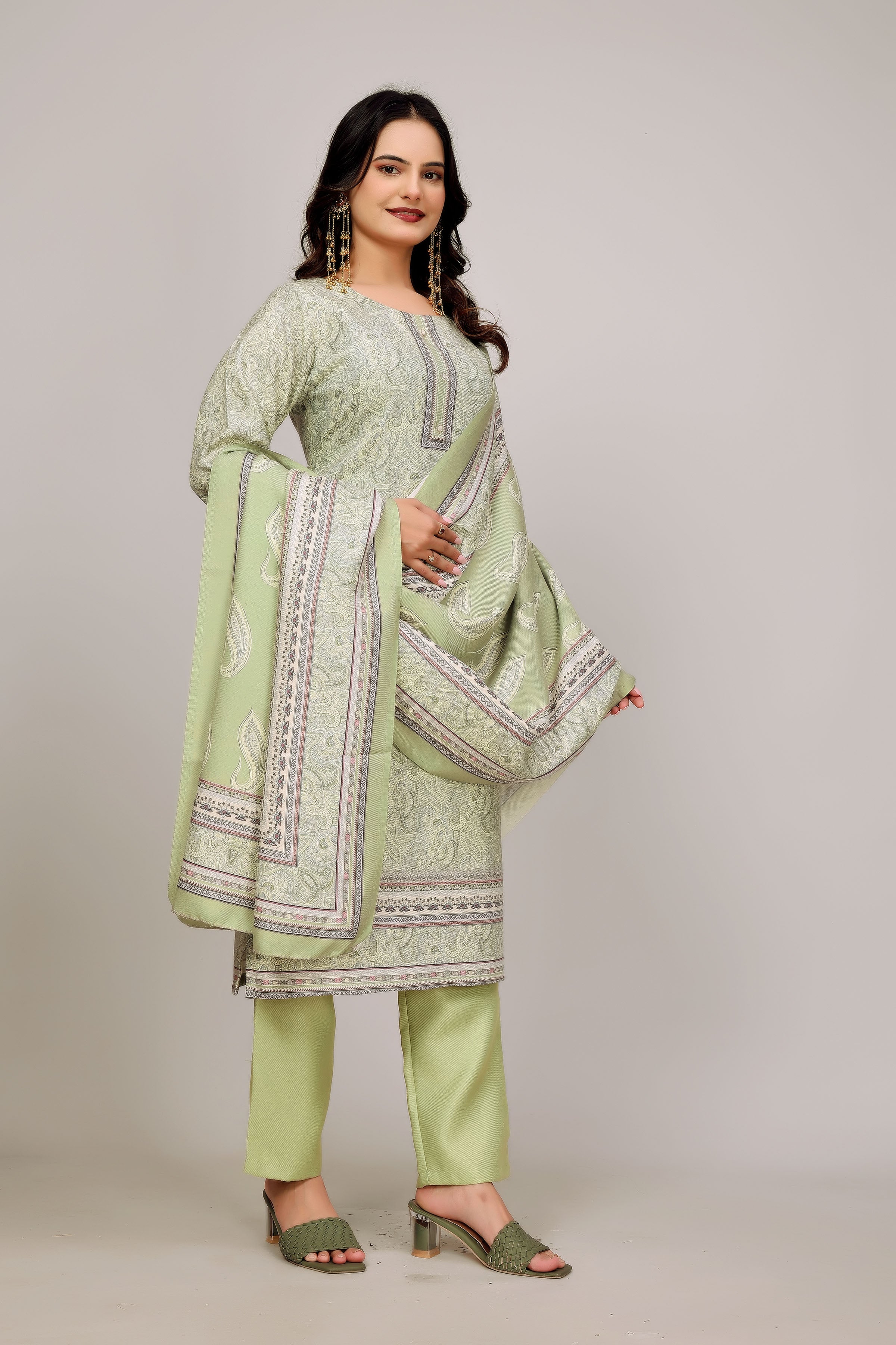 Green Woolen Digital Print Suit