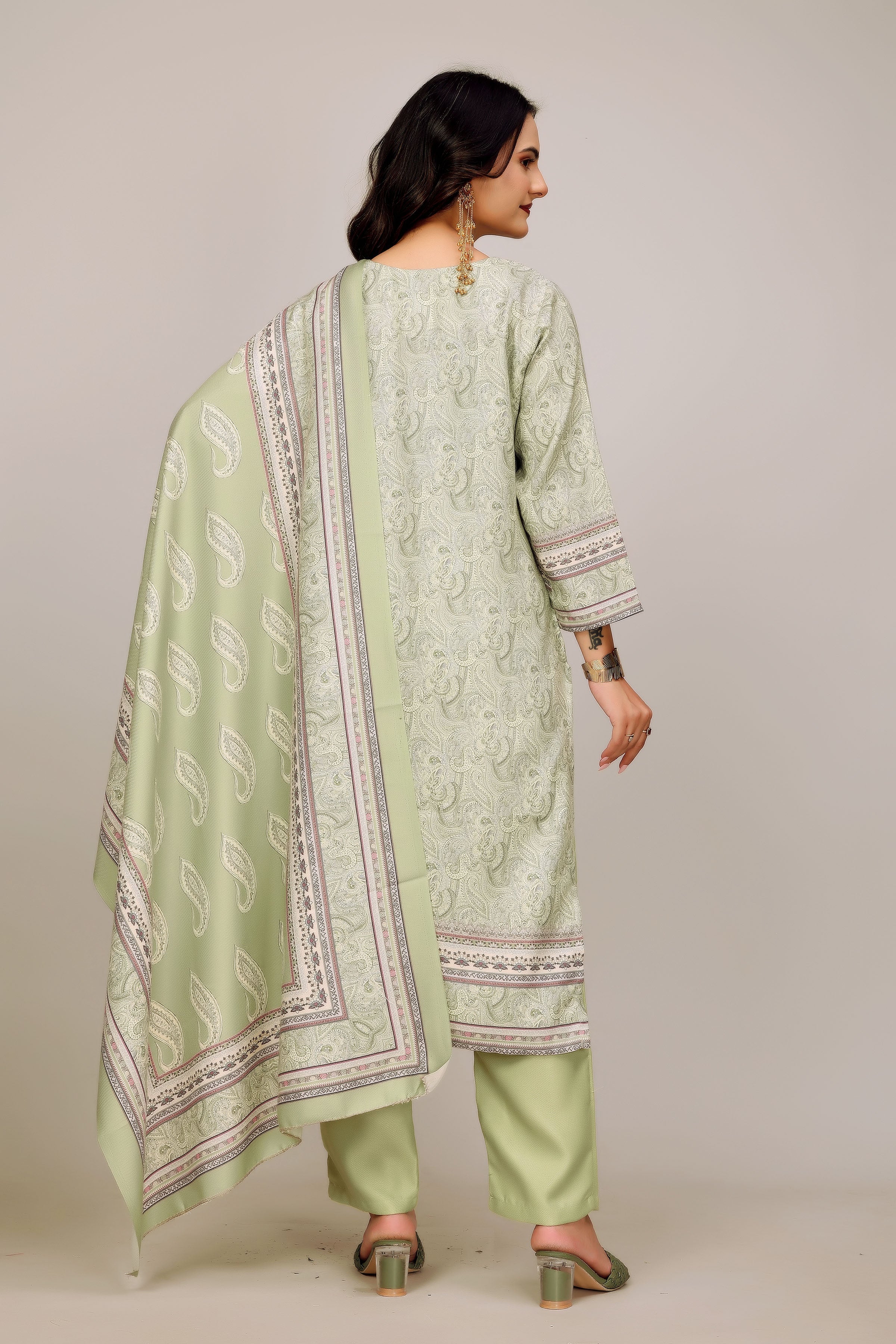 Green Woolen Digital Print Suit