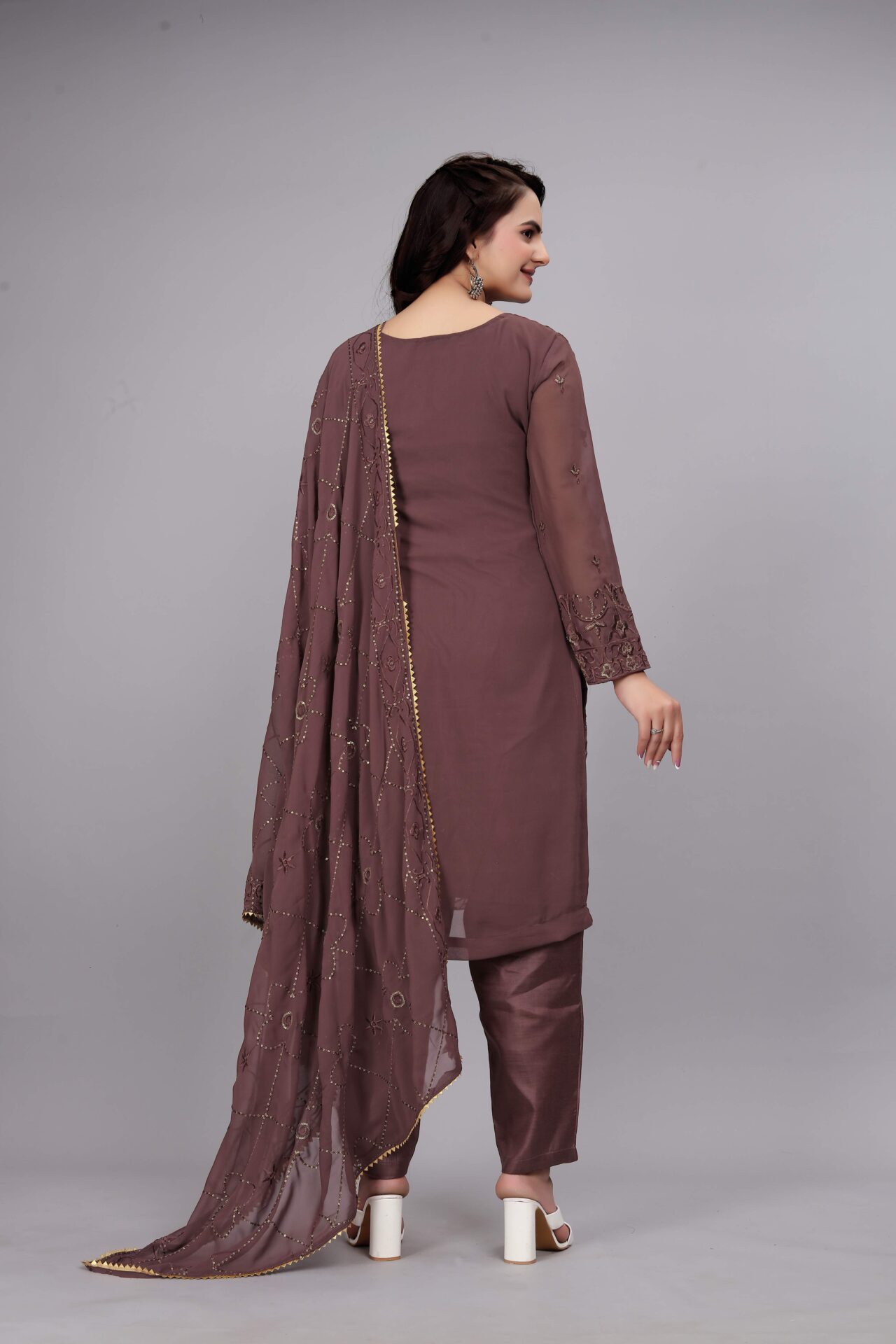 Brown Embroidered Georgette Plazo Suit