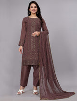 brown embroidered georgette plazo suit