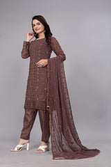 Brown Embroidered Georgette Plazo Suit