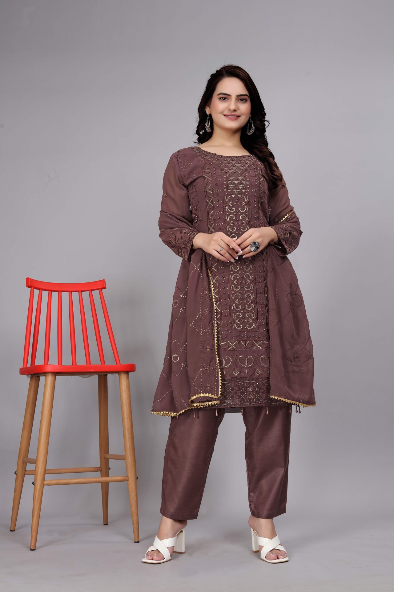 Brown Embroidered Georgette Plazo Suit