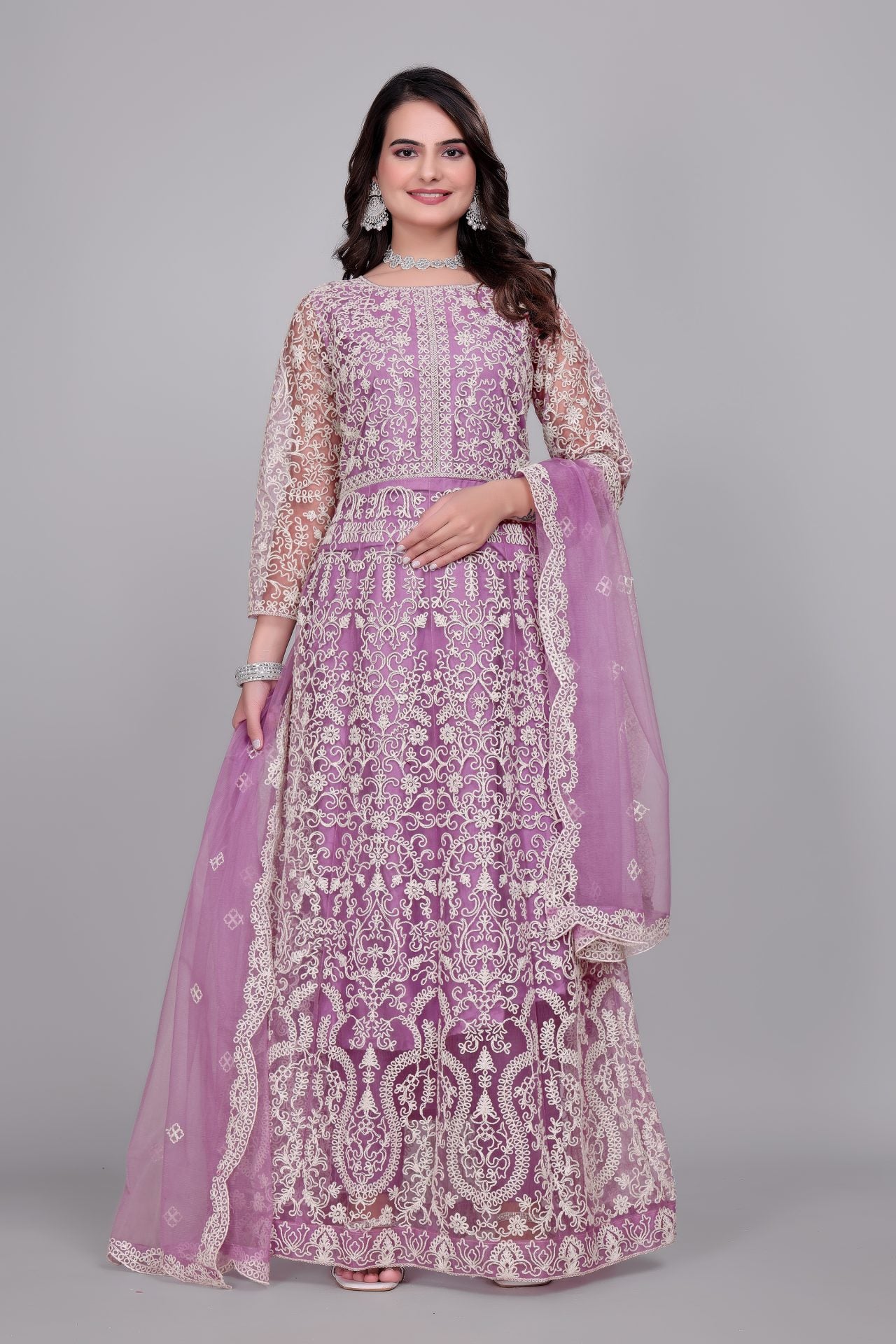 Heavy Floral Embroidery Net Anarkali Gown With Matching Dupatta