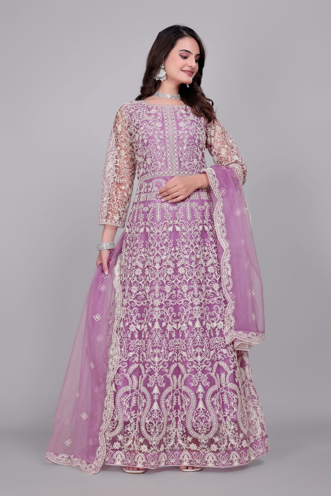 Heavy Floral Embroidery Net Anarkali Gown With Matching Dupatta