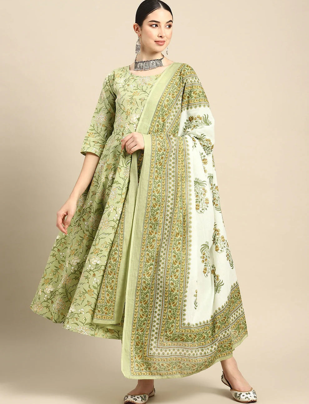 Green Floral Printed Anarkali Set