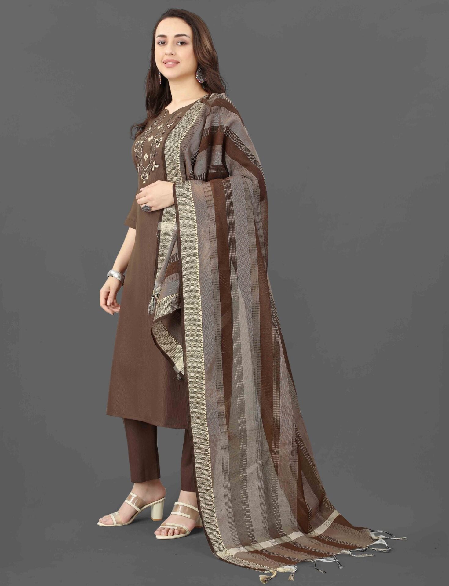 Women brown cotton salwar suit with dupatta