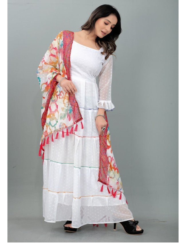 Chiffon White Gown With Digital Printed Duppata