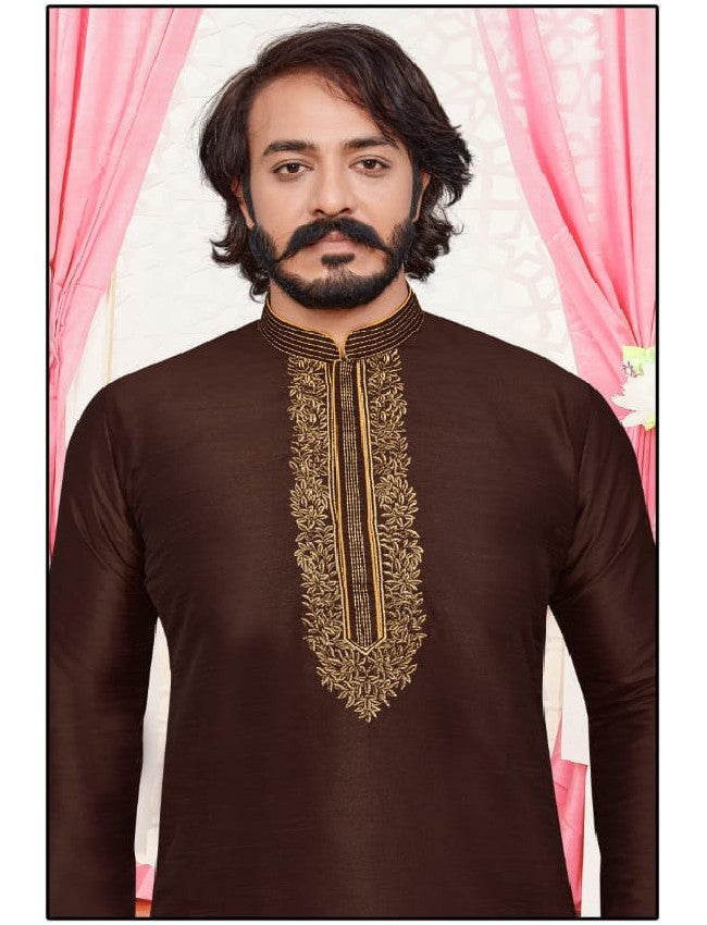 Brown Silk Mens Kurta Pajama