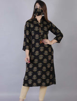 Rayon Black Printed Straight kurti With Mask