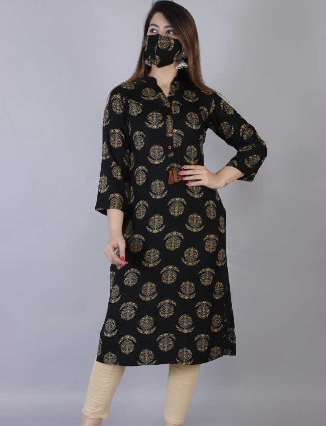 Rayon Black Printed Straight kurti With Mask