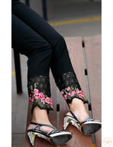 Straight Pant With Net And Floral Detailing - Black