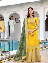 Yellow and Green Embroidered Palazzo Suit
