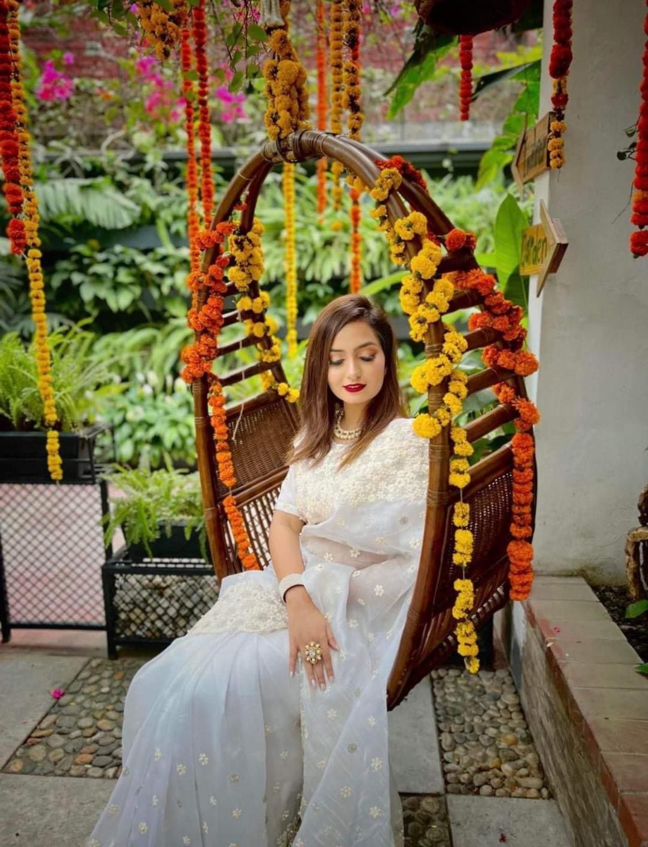White Organza Saree With Thread Pearl Work 1