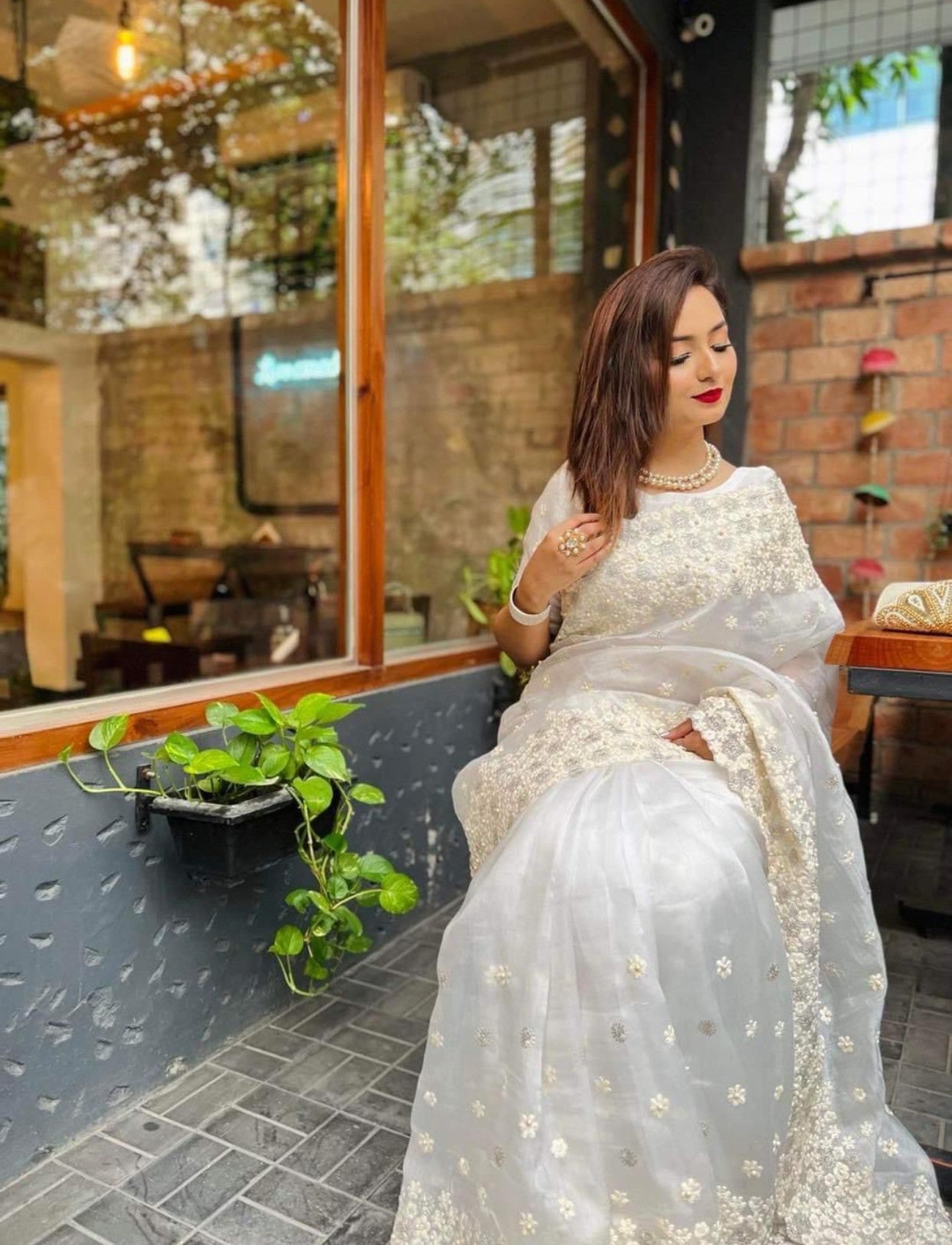 White Organza Saree With Thread Pearl Work 3