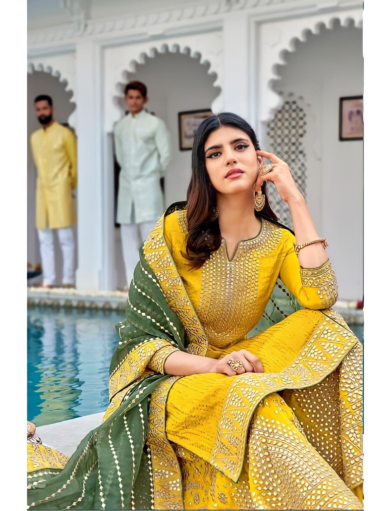 Yellow and Green Embroidered Palazzo Suit