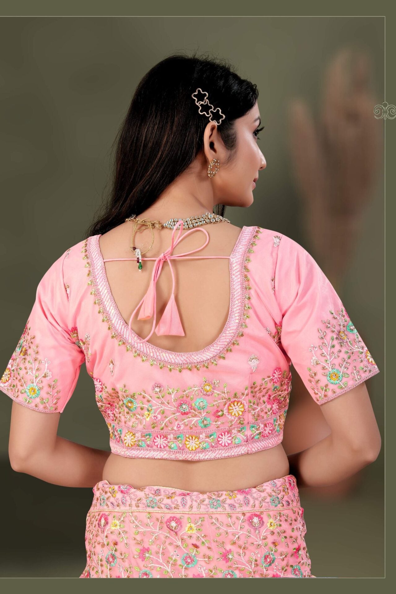 Light Pink Lehenga Choli Embellished With Multicolored Thread Work