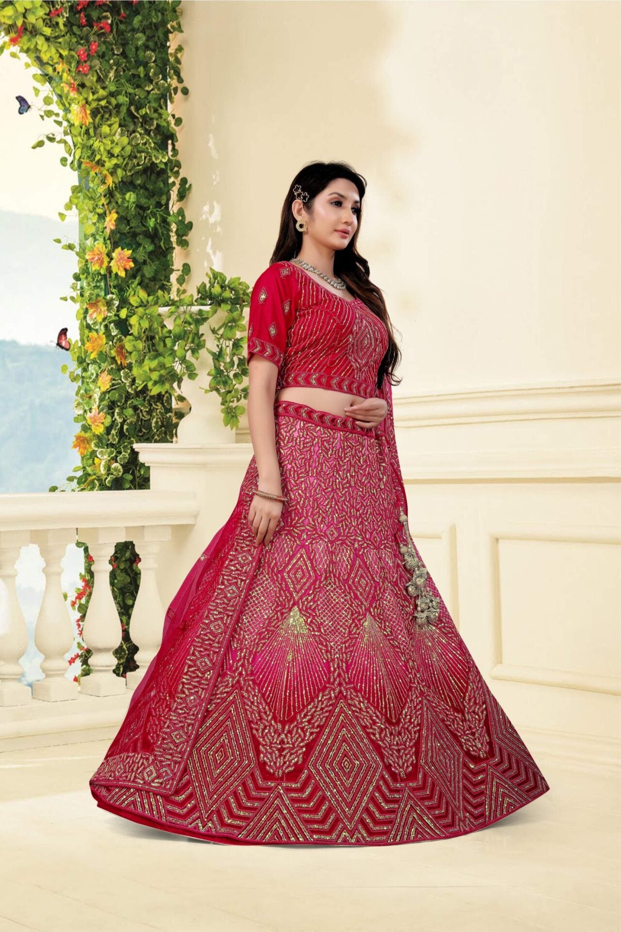 Hot Pink BridalEmbroidered Lehenga Set