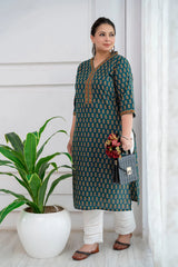 Green Printed Straight kurta