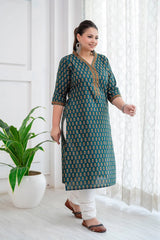 Green Printed Straight kurta