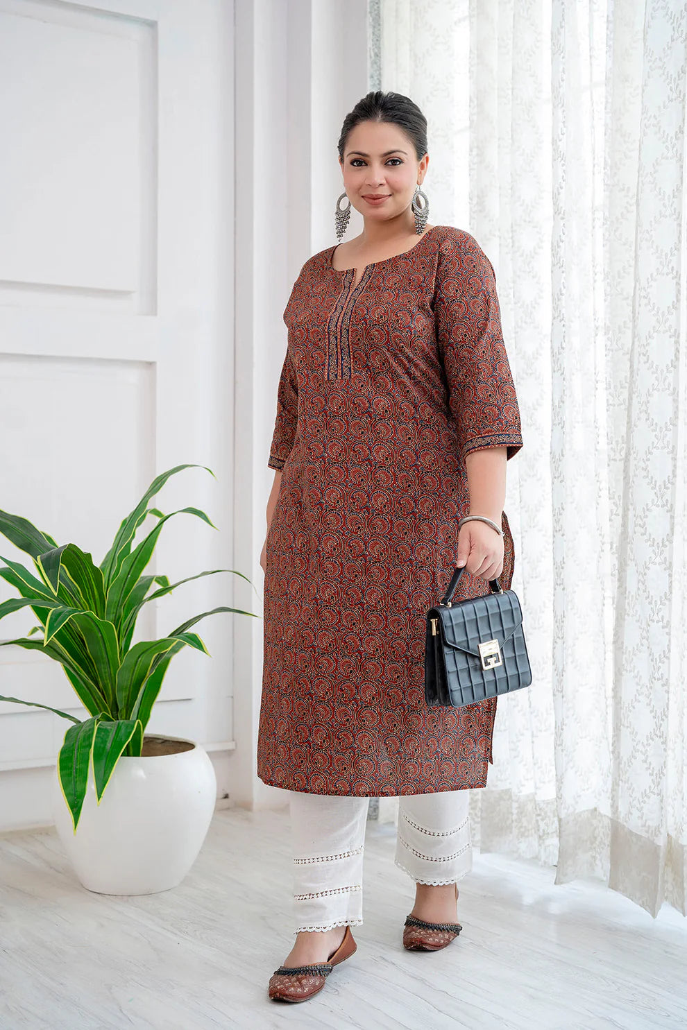 Rust Printed Straight Kurta