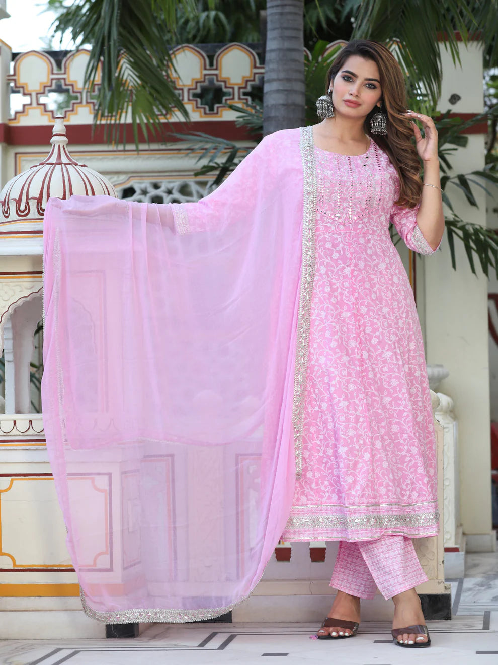 Pink AnarkaliPrinted Embroiderd Suit