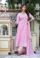Pink AnarkaliPrinted Embroiderd Suit