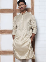 Men's Cream Silk-Blend Sequinned Embroidered Kurta