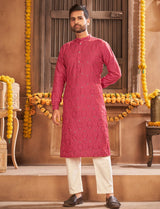 Embroidered Cotton Kurta Pajama Set in Pink
