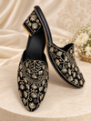 Black embroidered mules for women with gold floral threadwork