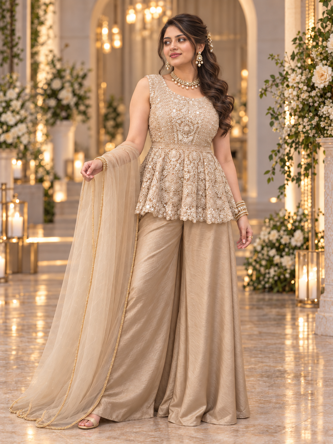 Champagne heavy embroidered palazzo suit for women with beadwork and matching dupatta