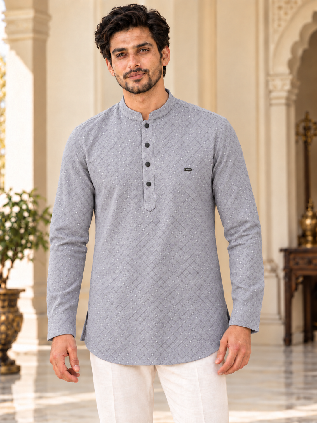 Cool grey textured short kurta for men
