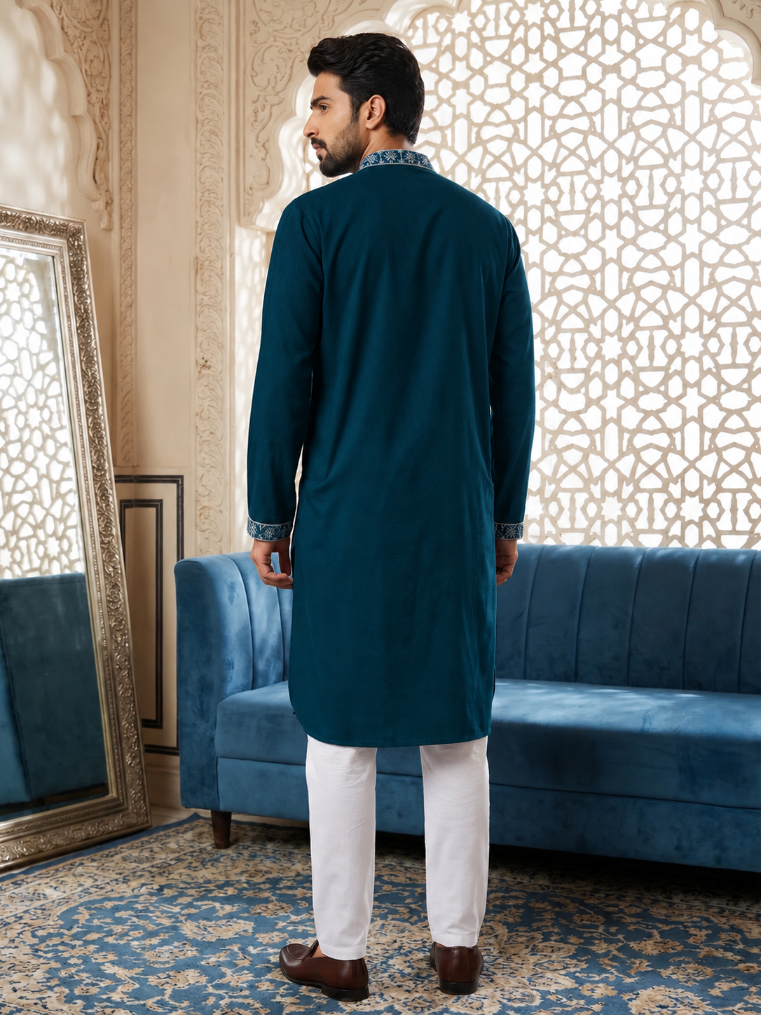 Dark teal embroidered silk blend kurta pyjama