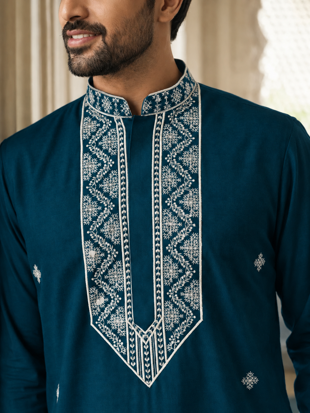 Dark teal embroidered silk blend kurta pyjama