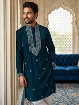 Dark teal embroidered silk blend kurta pyjama