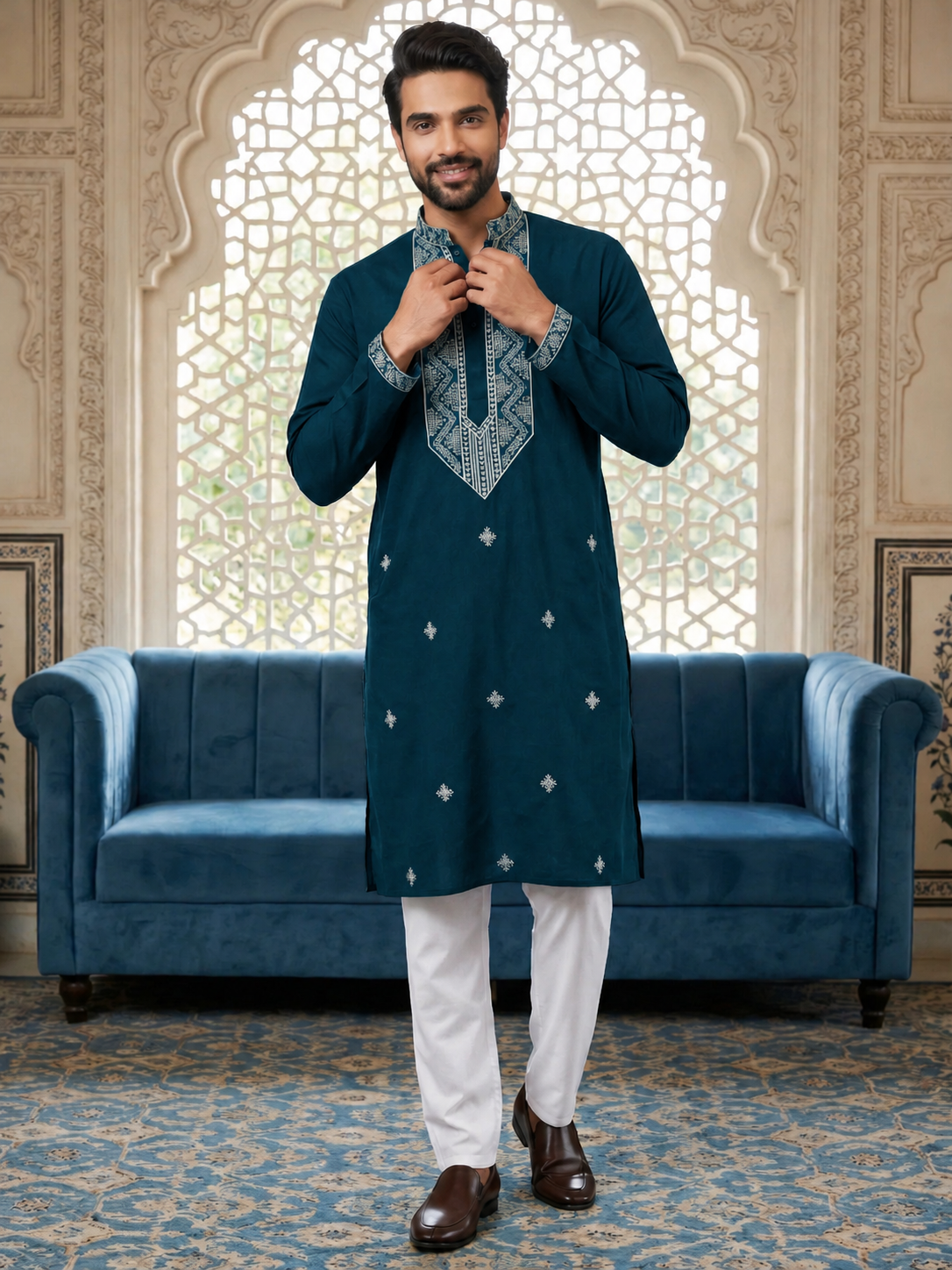 Dark teal embroidered silk blend kurta pyjama