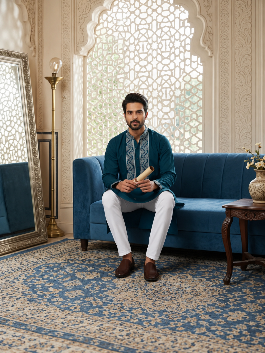 Dark teal embroidered silk blend kurta pyjama