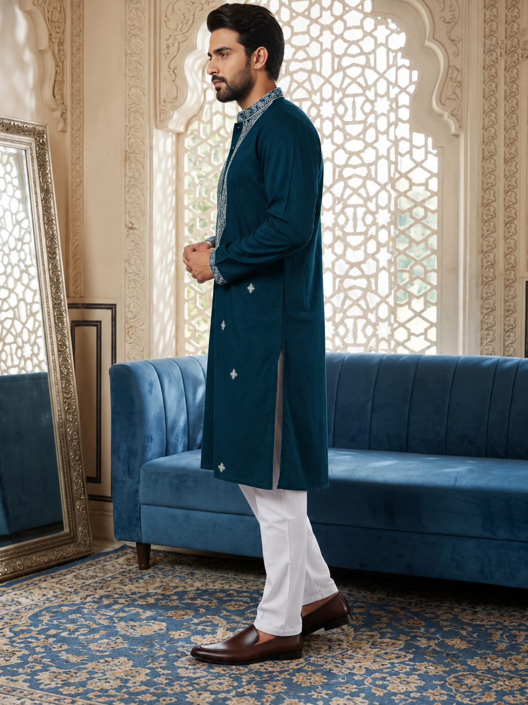 Dark teal embroidered silk blend kurta pyjama