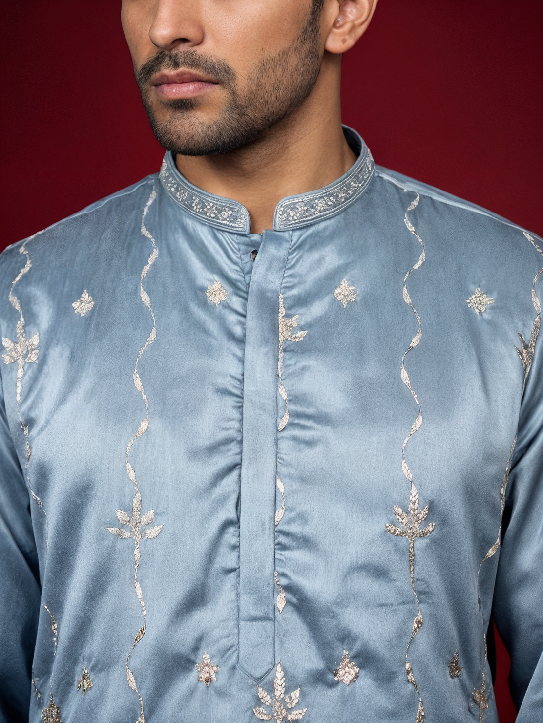 Blue Men's Silk Blend Embroidered Kurta