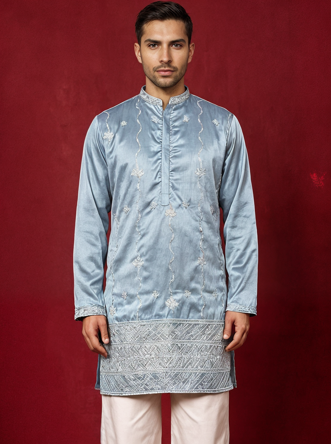 Blue Men's Silk Blend Embroidered Kurta