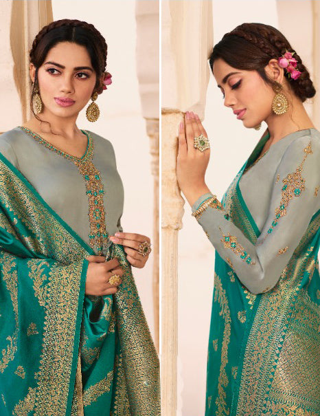 Grey light embroidery Suit Banarsi Duppata