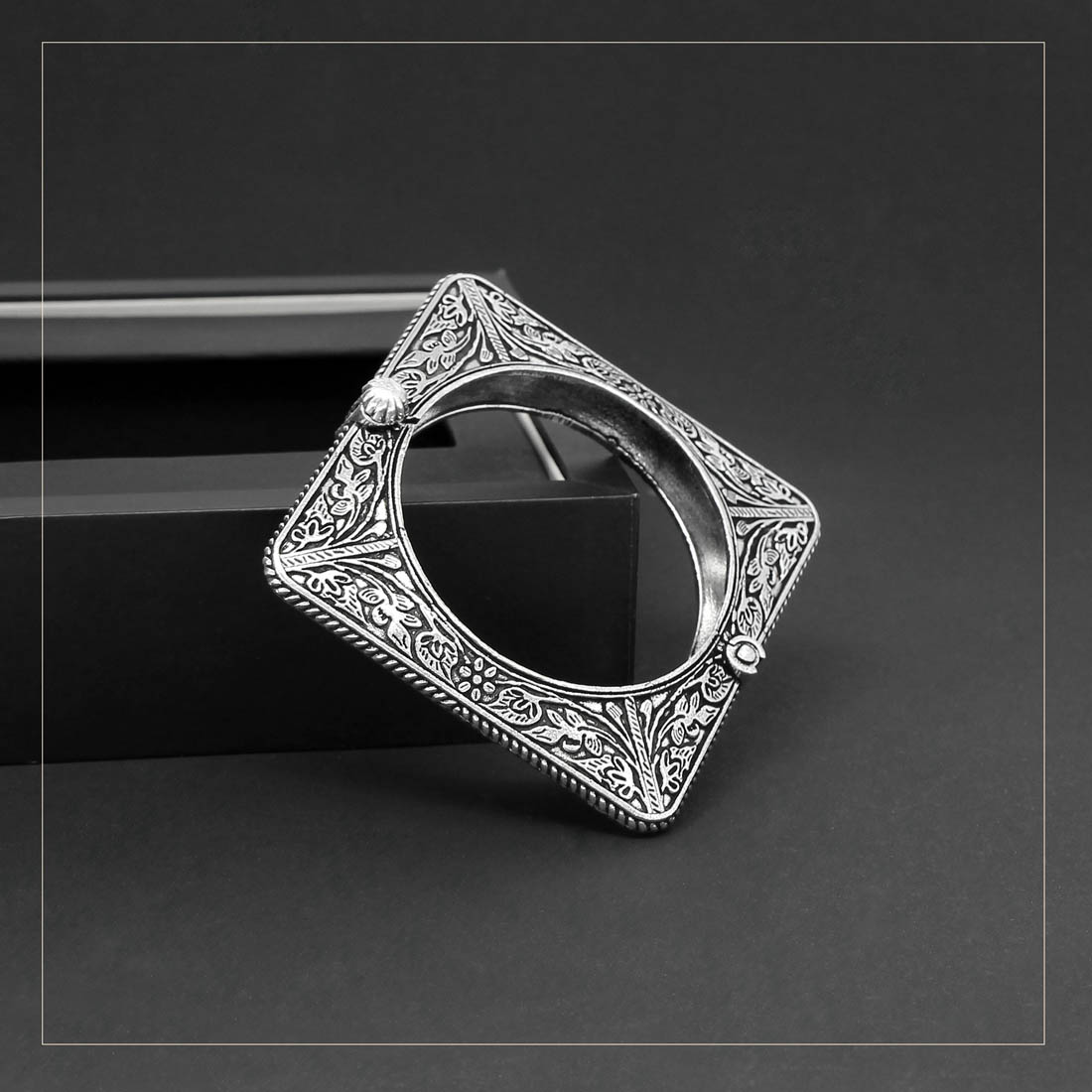 Silver Square Shape Oxidised Bangle