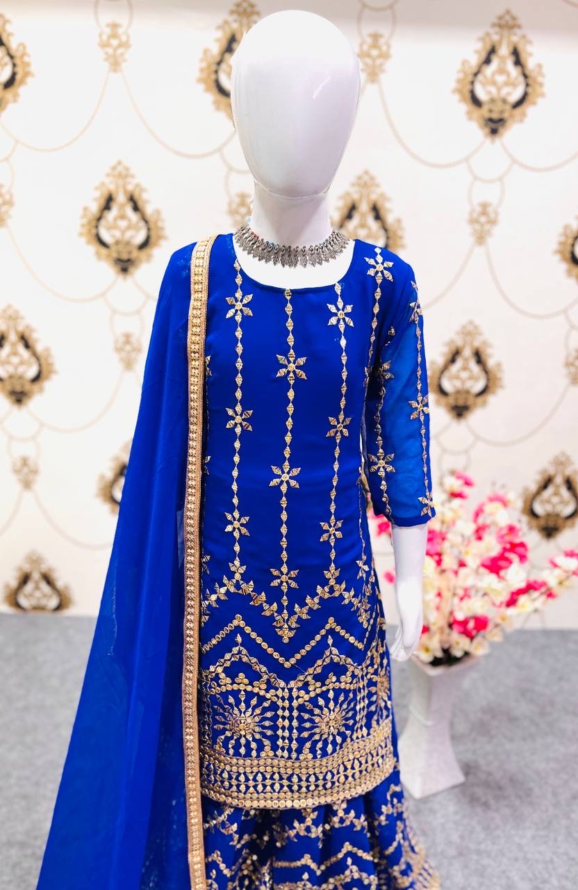 Blue Embroidered Georgette Sharara Suit Girls