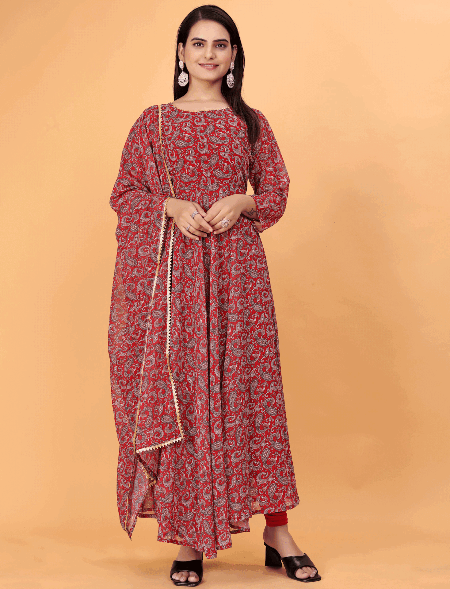 Maroon Anarkali Printed Suit with Dupatta