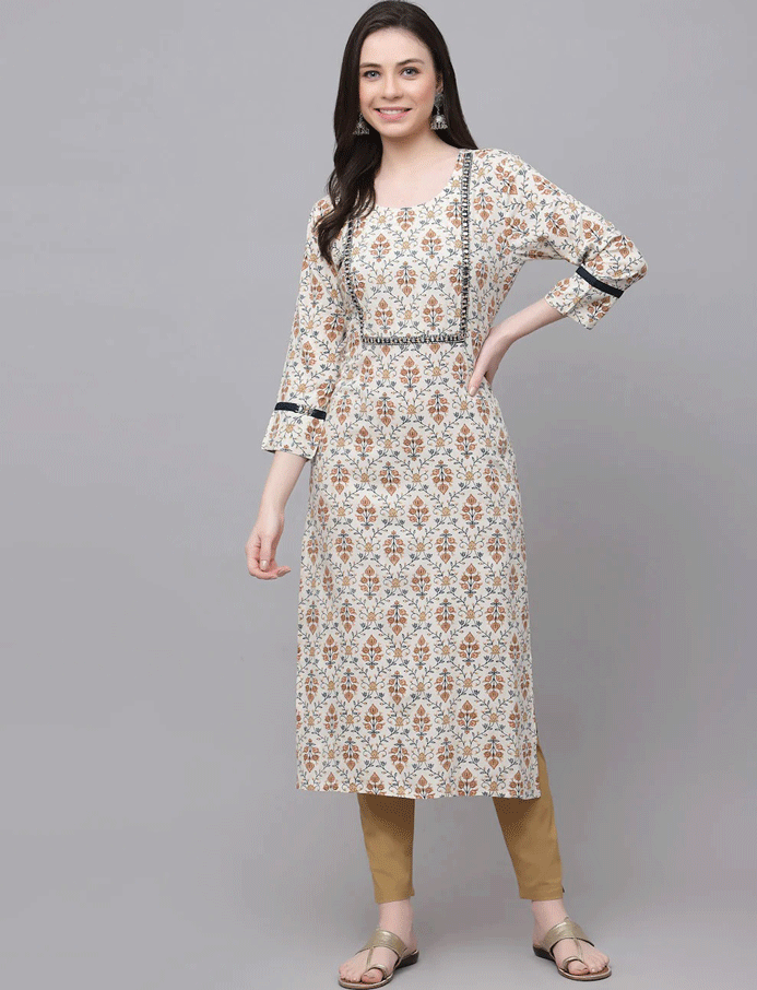 White Printed Rayon Kurta Women